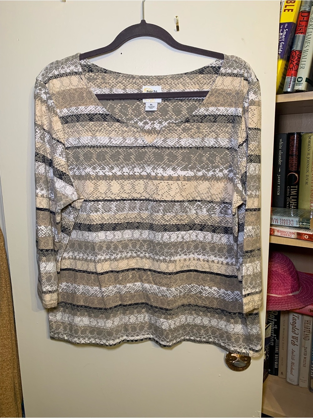Ruby Rd. Neutral Striped V-Neck Long Sleeve Top